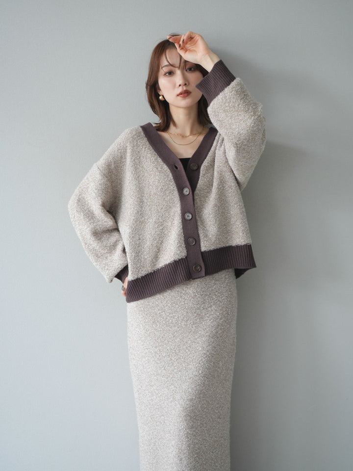 [SET]ブークレバイカラーニットカーディガン+ブークレバイカラータイトニットスカート(2set)