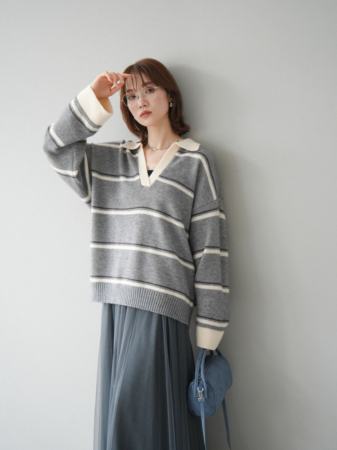 [SET]ポロ襟スキッパーボーダーニットプルオーバー+チュールボリュームスカート(2set)