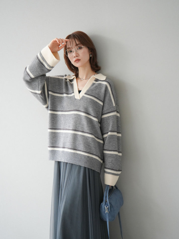 [SET]ポロ襟スキッパーボーダーニットプルオーバー+チュールボリュームスカート(2set)