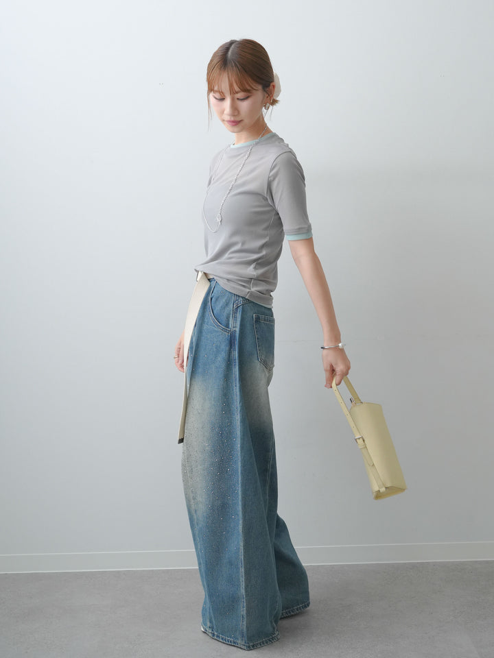 [SET]トリムレイヤードシアー半袖トップス+フロントビジューカーブデニムパンツ(2set)