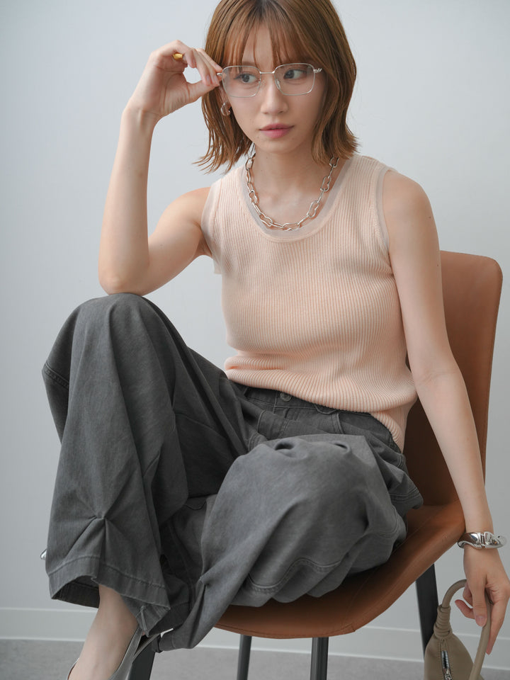[SET]チュールトリムリブニットタンクトップ+ウォッシュタックカーブパンツ(2set)