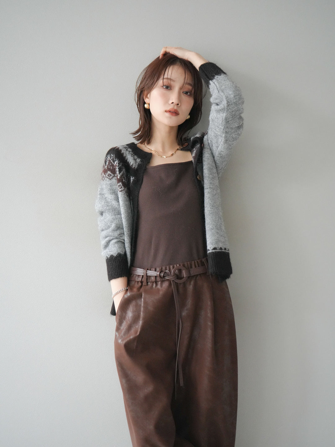 [予約]ノルディック柄ニットカーディガン/gray