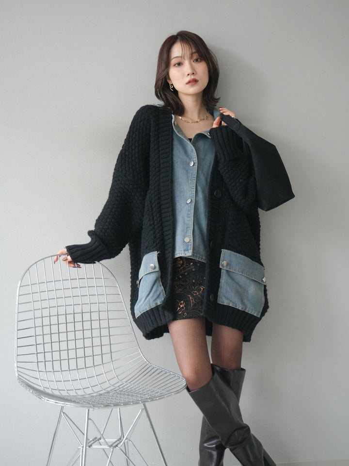 [SET]デニム襟レイヤードニットジャケット+デニム襟レイヤードニットジャケット(2set)