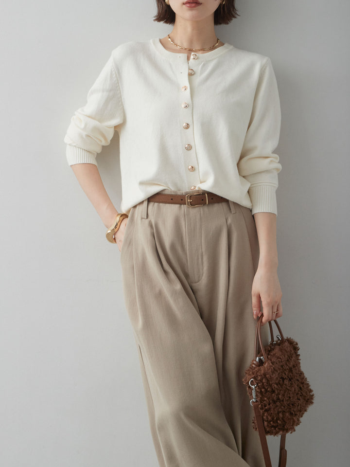 【套裝】金色連結針織開襟衫+露肩薄紗高領針織上衣+雙褶垂褶直筒褲（三件組）