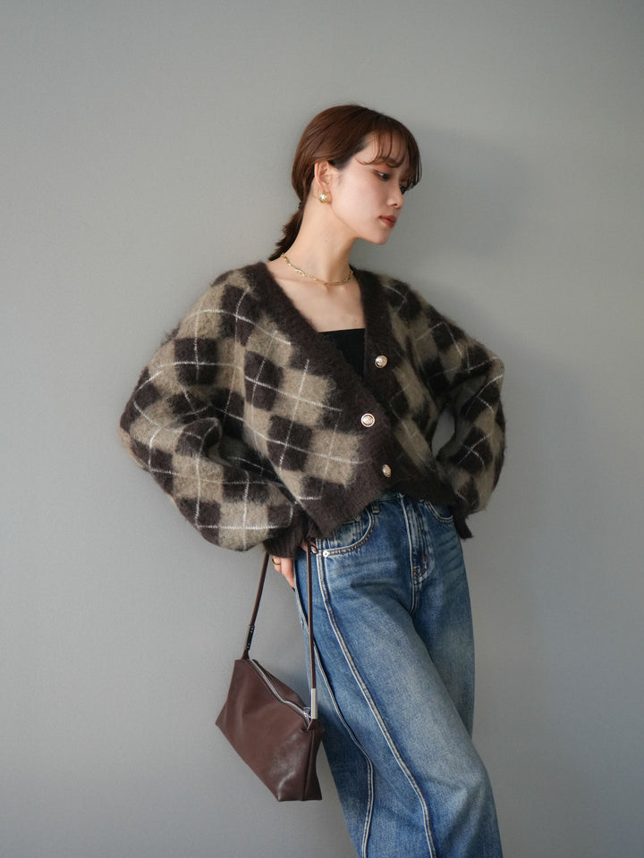 [予約]アーガイルシャギーニットカーディガン/brown