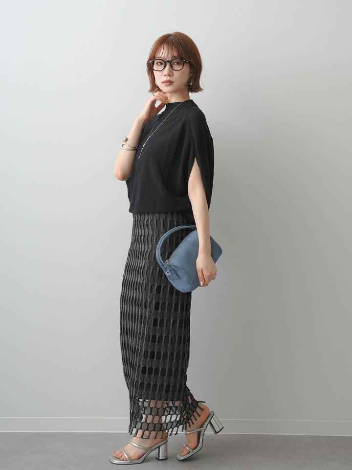 [SET]ボトルネックドロップショルダーニットトップス+スクエアメッシュニットIラインスカート
