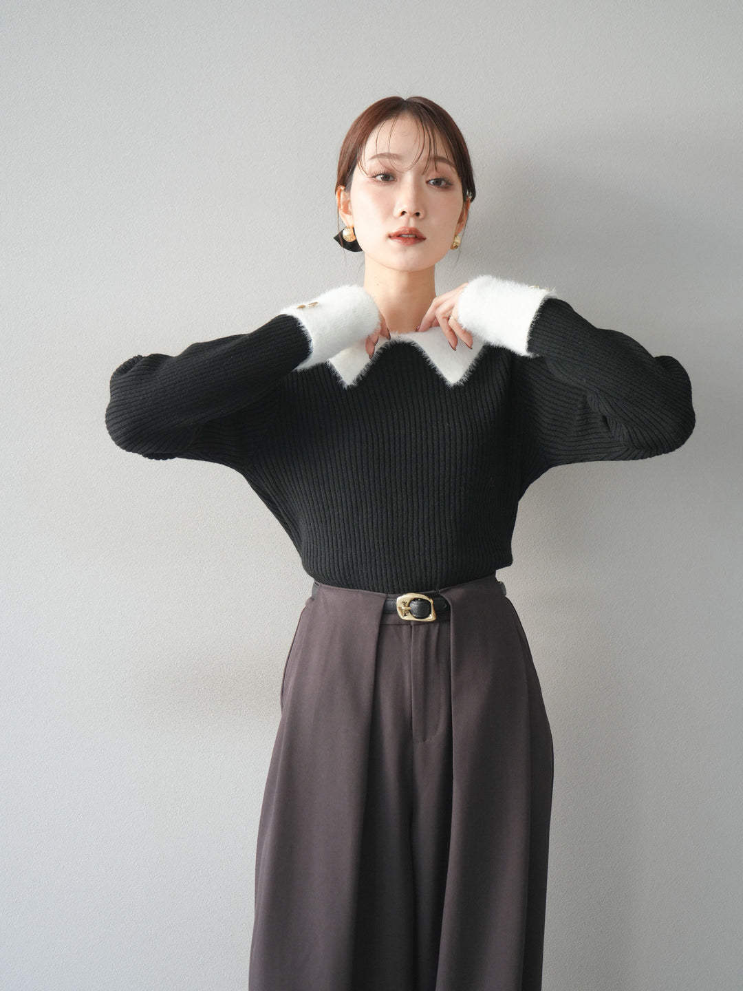 [SET]シャギー襟リブニットトップス+ベルトループデザインワイドパンツ(2set)