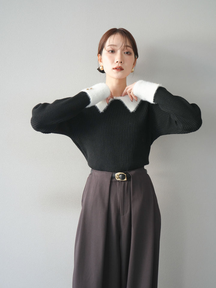 [SET]シャギー襟リブニットトップス+ベルトループデザインワイドパンツ(2set)