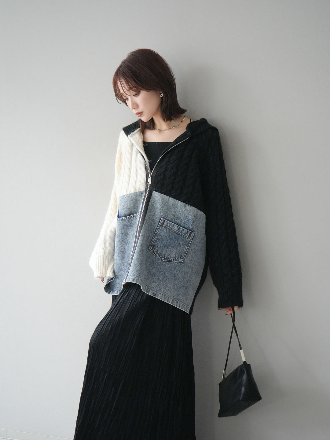 [予約]デニム×バイカラーニットZIPフーディ/black