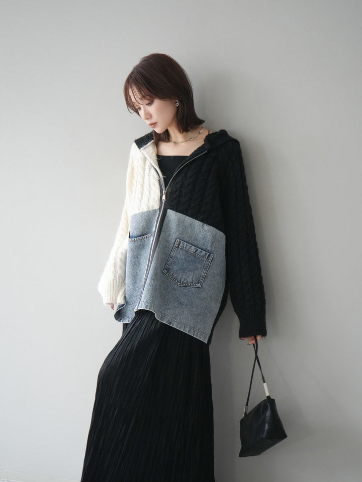 [予約]デニム×バイカラーニットZIPフーディ/black