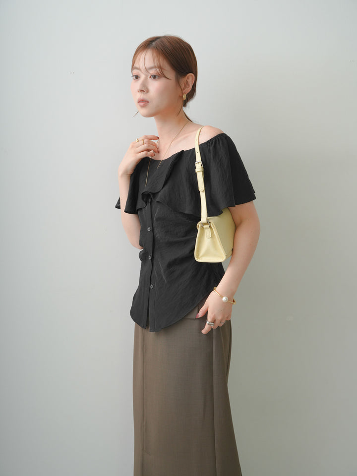 [SET]ラッフルオフショルブラウス+クレープデシンフラップ付きストレートスカート(2set)