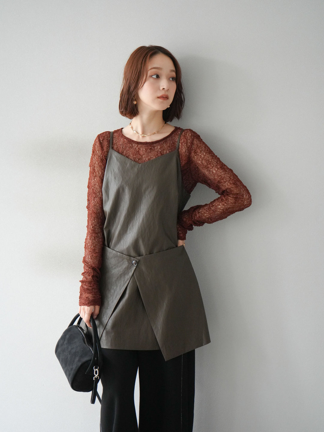 [予約]レイヤードレザーキャミソールチュニック/ブラウン