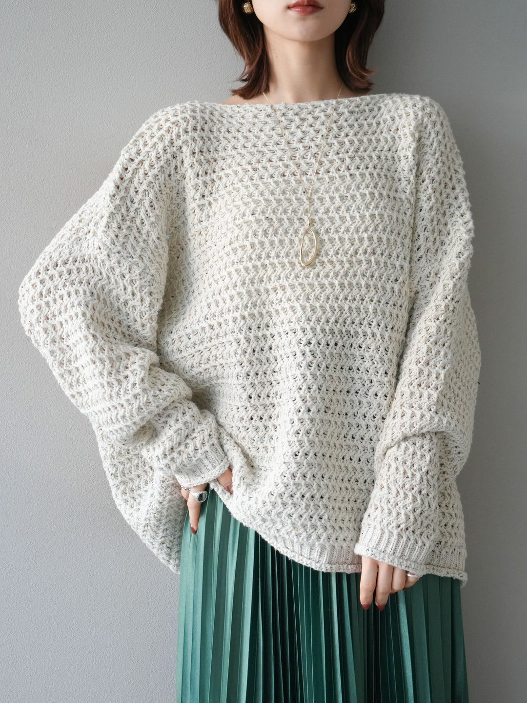 [予約]ネップ透かし編みオーバーニット/ivory