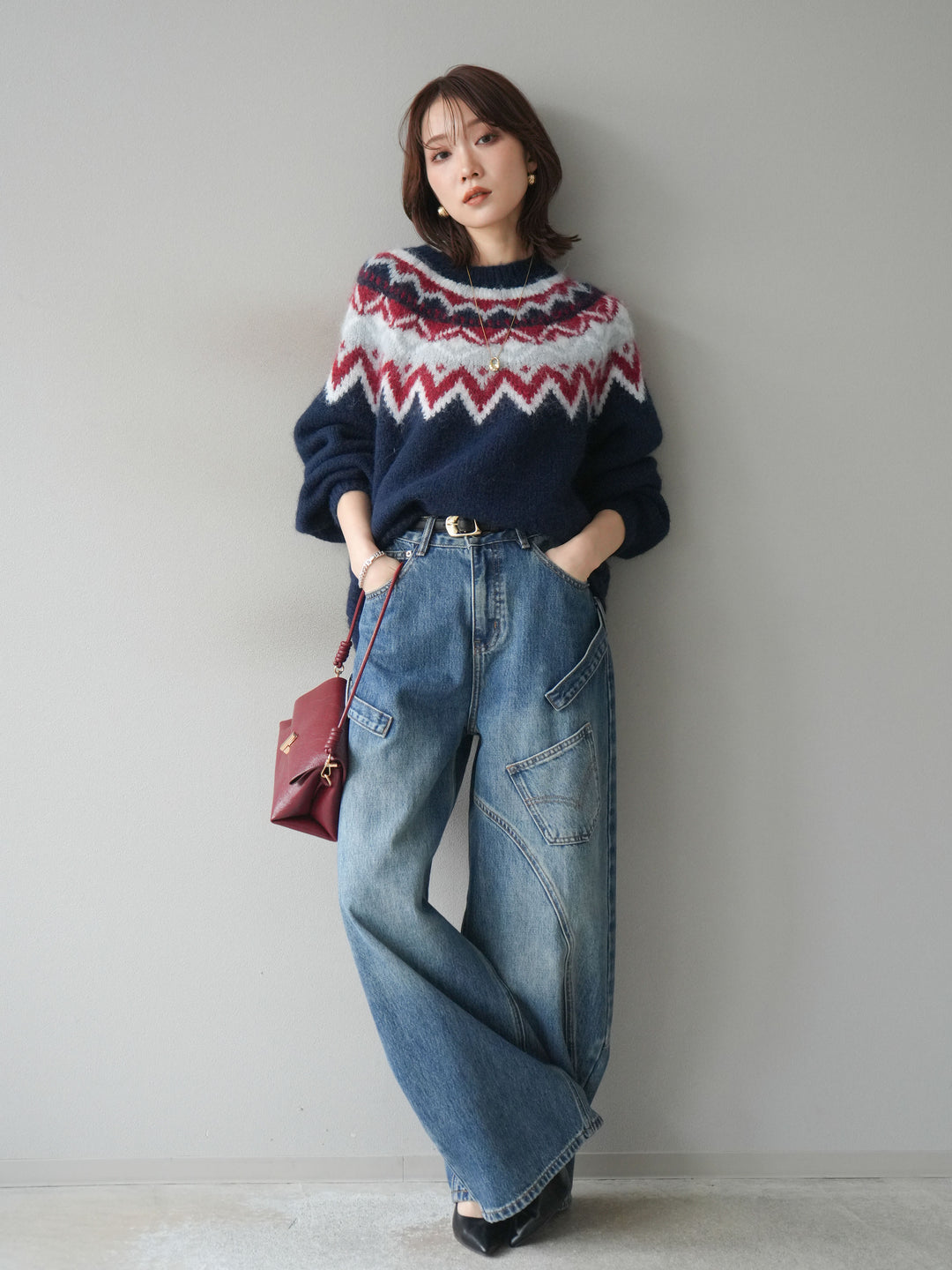 [SET]求心柄オーバーニットプルオーバー+ペインターカーブデニムパンツ(2set)