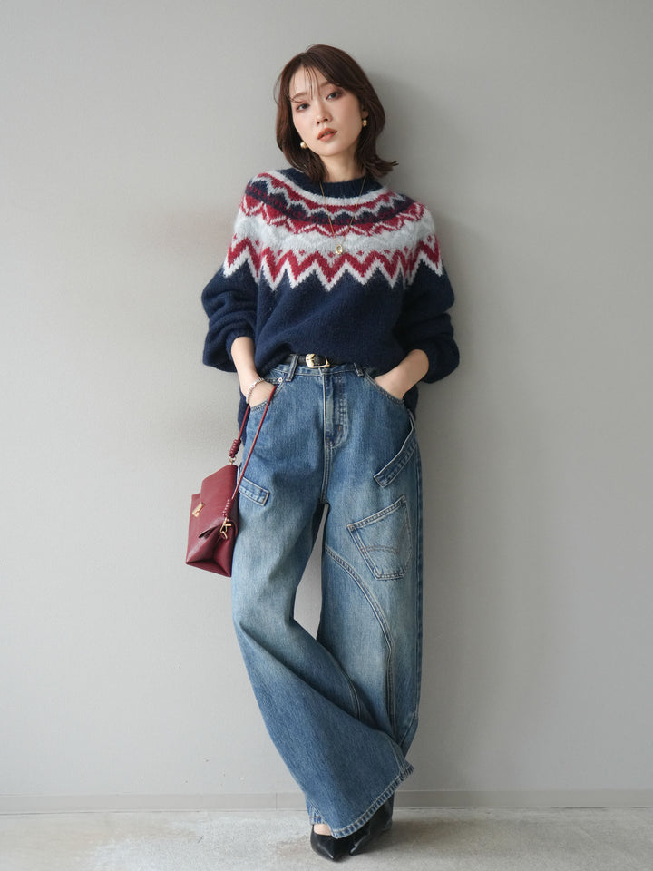 [SET]求心柄オーバーニットプルオーバー+ペインターカーブデニムパンツ(2set)