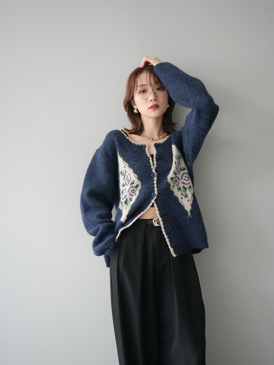 [予約]アンティークフラワージャガードニットカーディガン/navy