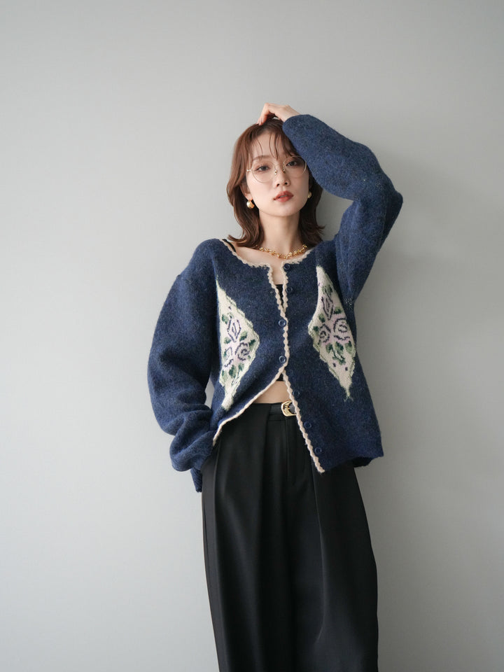 [予約]アンティークフラワージャガードニットカーディガン/navy