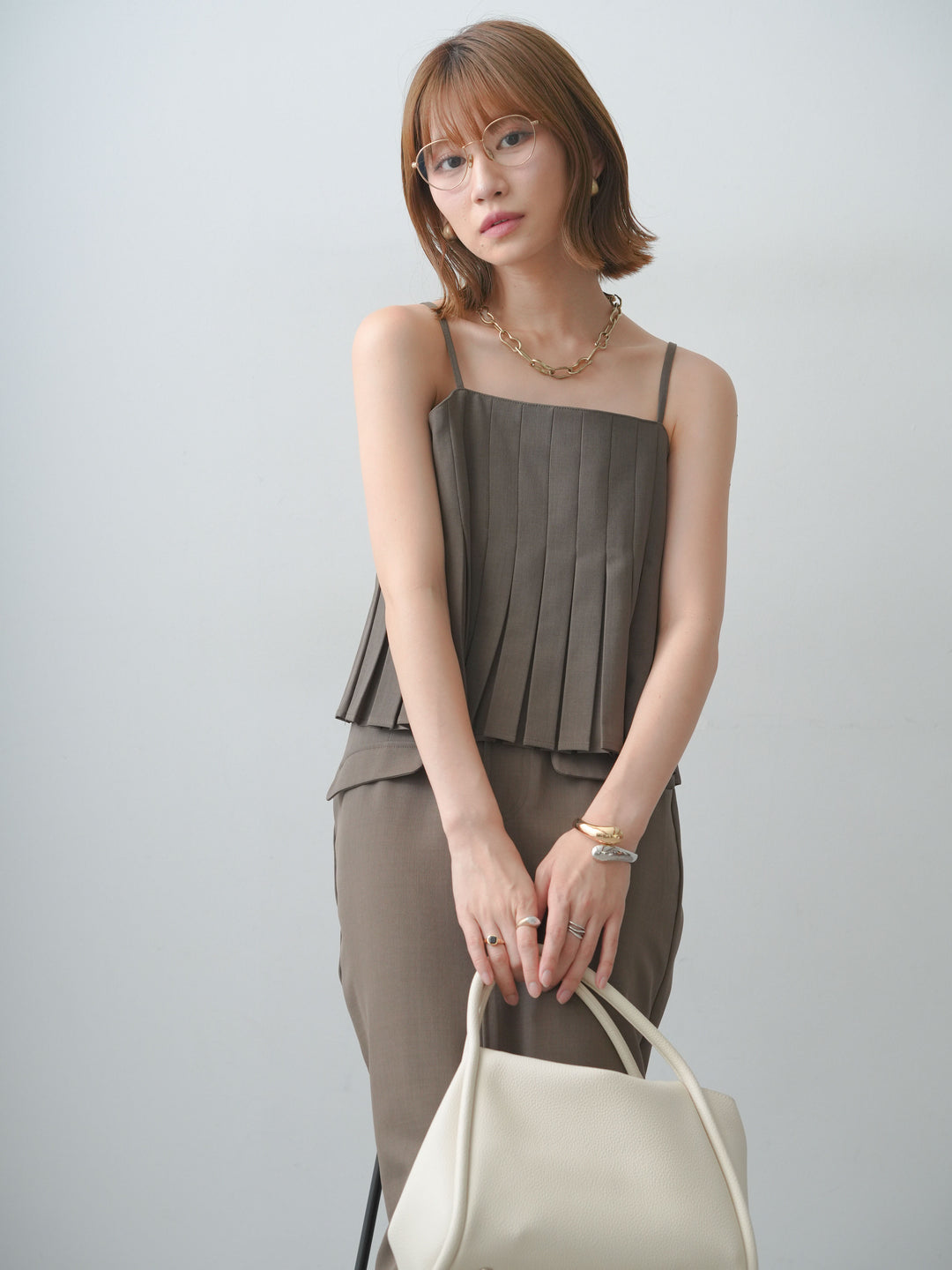 [SET]クレープデシンタックキャミソール+クレープデシンフラップ付きストレートスカート(2set)