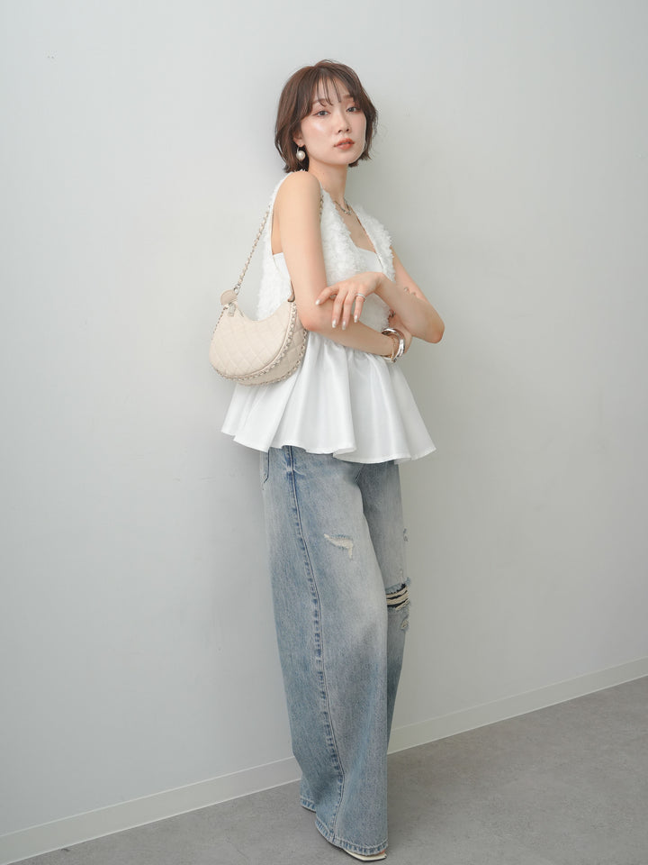 [SET]ジャガード×サテンペプラムフレアノースリトップス+ダメージデニムセミワイドパンツ(2set)