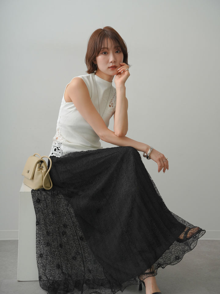[SET]サイドレースノースリモックニットトップス+フローラルレースプリーツスカート(2set)