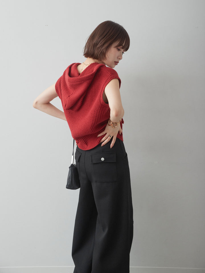 [予約]アルパカタッチフードリブニットベスト/red