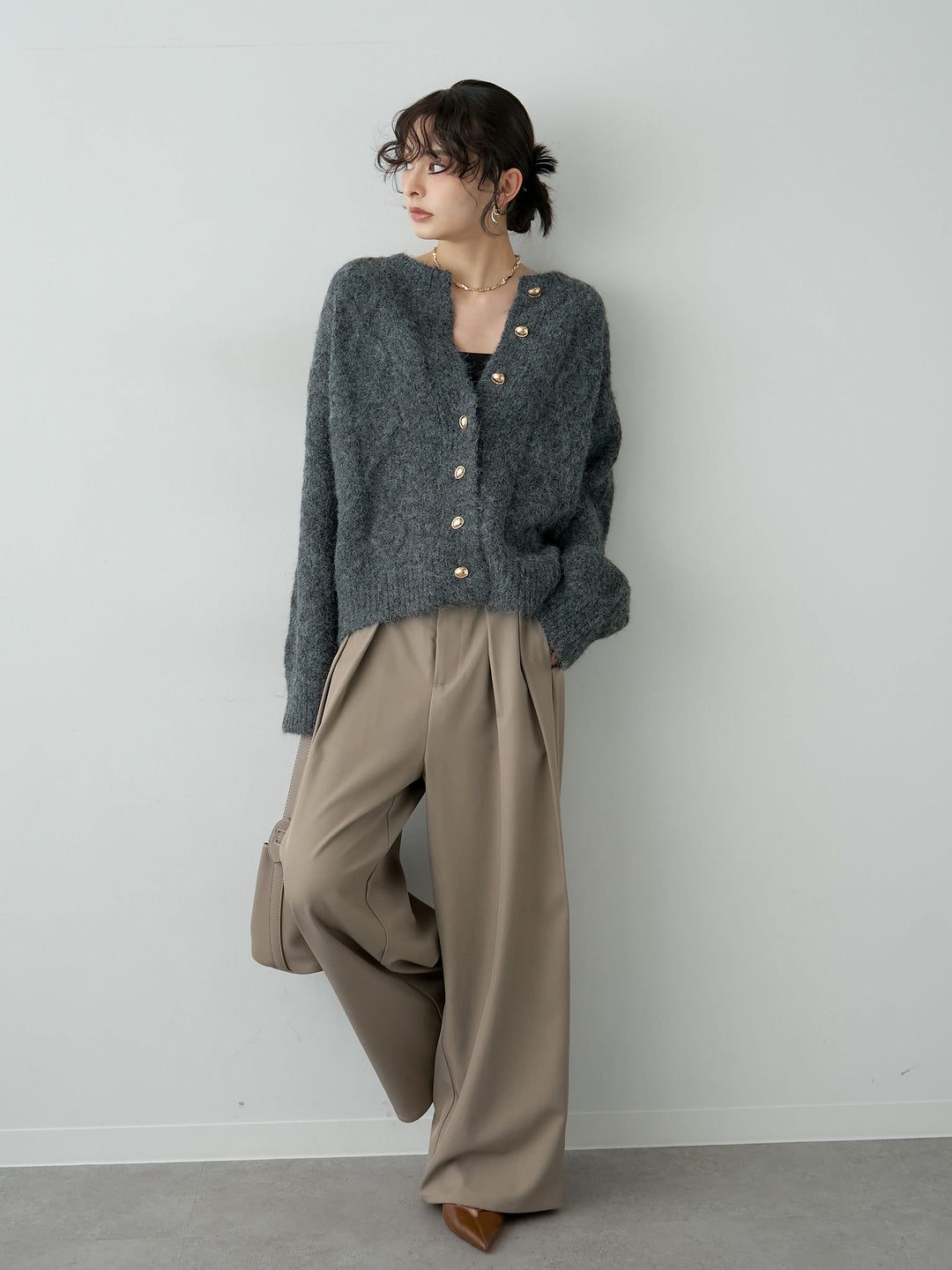 [SET]ゴールドボタンケーブルシャギーガーディガン+ツイルタックワイドパンツ(2set)