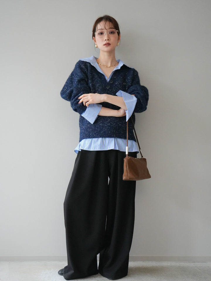 [SET]ストライプシャツドッキングMIXヤーンニットプルオーバー+ベルトループデザインワイドパンツ(2set)