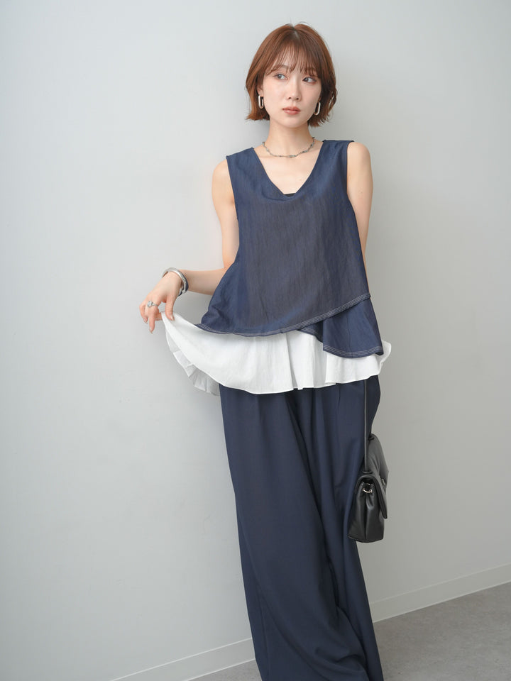 [予約]アシメフリルドッキングステッチノースリブラウス/navy