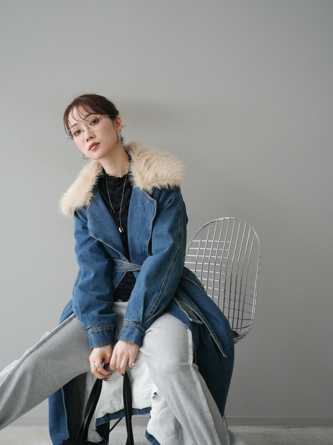 [予約]ファー襟デニムロングコート/blue