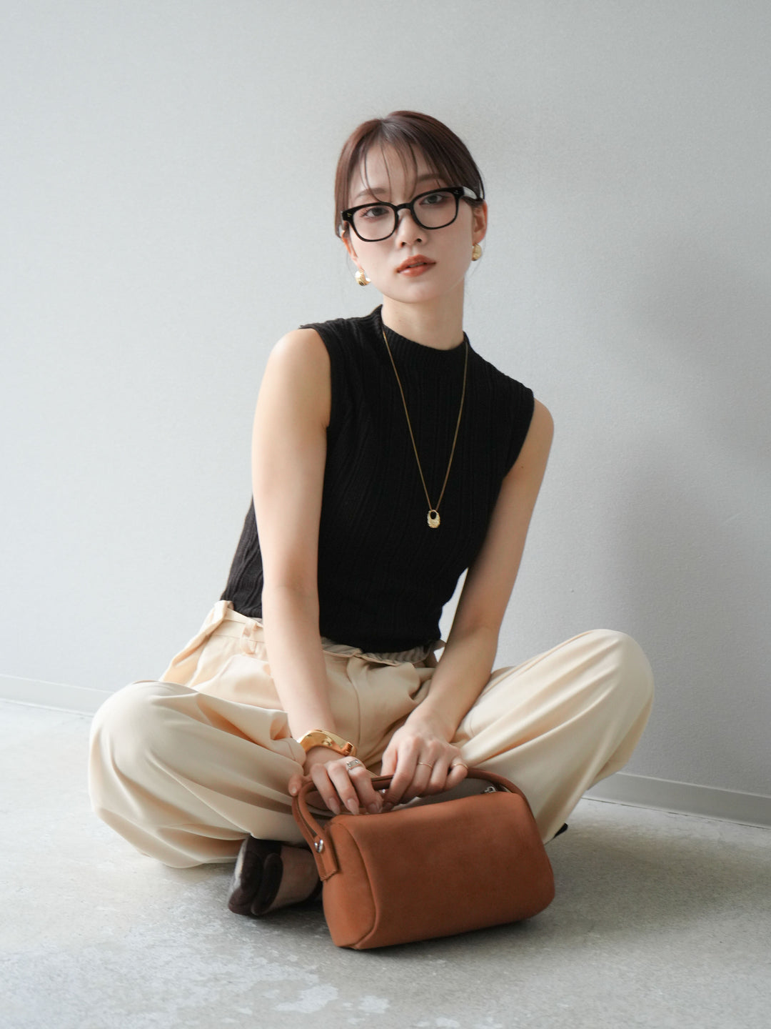 [予約]スリーブレスランダムリブニットトップス/ブラウン