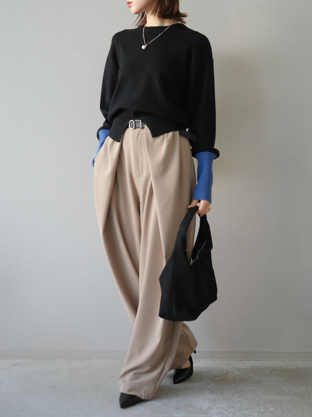 [予約]ベルト付タックワイドパンツ/ベージュ