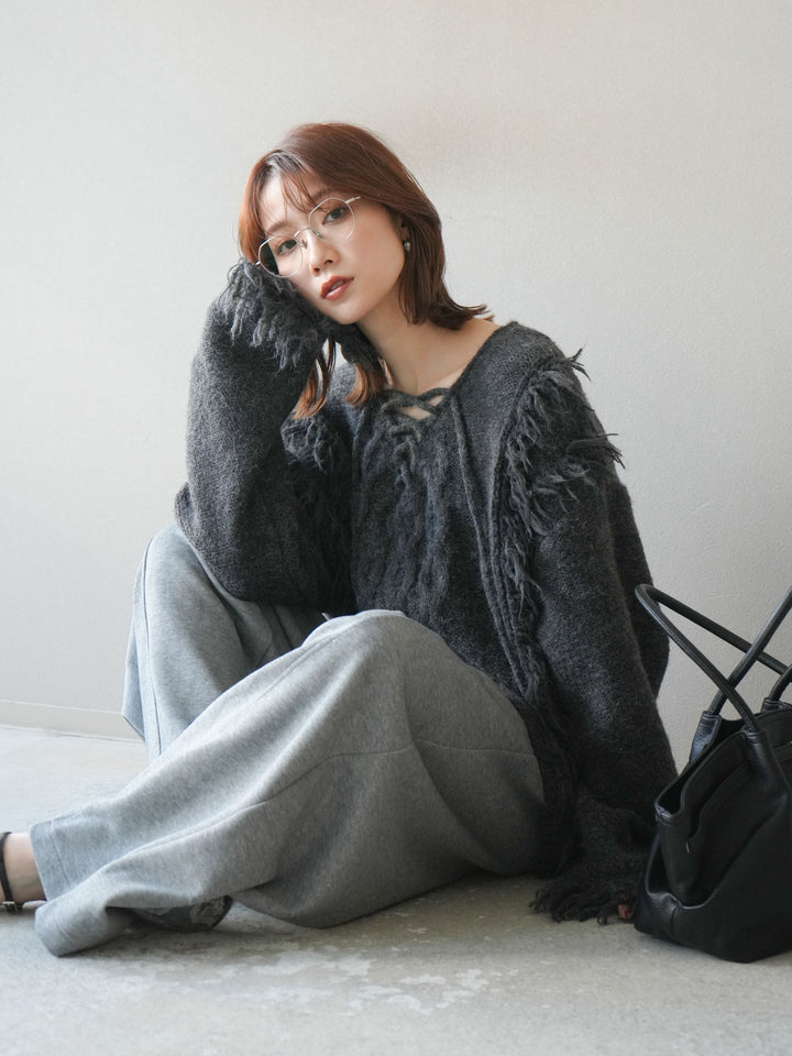 [予約]レースアップフリンジニットプルオーバー/gray