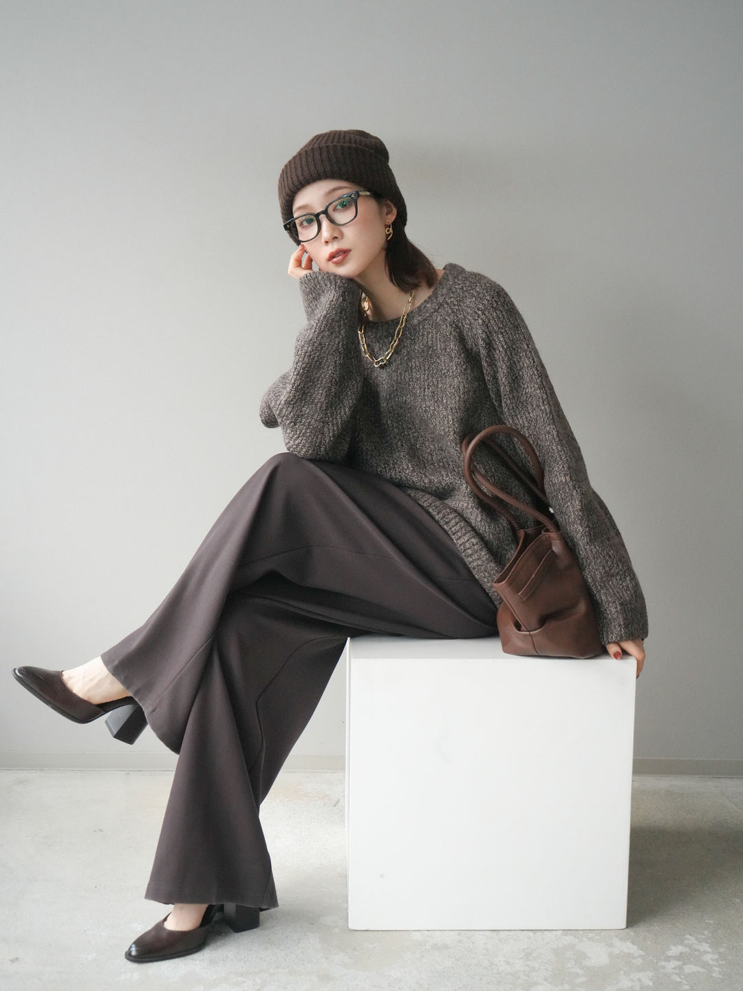 [予約]クルーネック畦編みミックスニット/brown