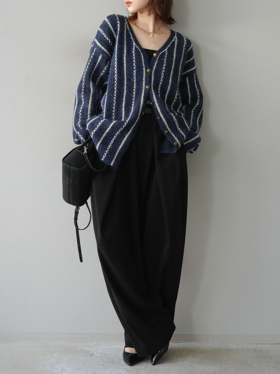 [予約]ベルト付タックワイドパンツ/ブラック