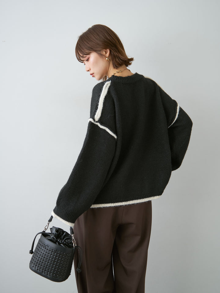 [予約]配色ラインデザインヘムニットプルオーバー/black
