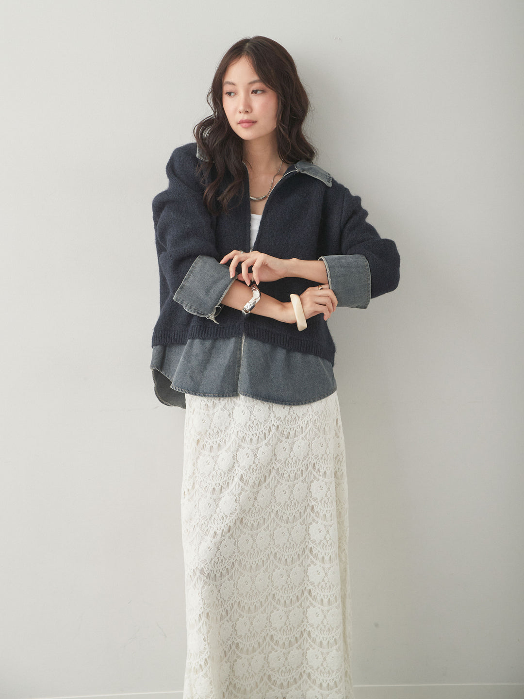 [予約]デニムレイヤードデザインジップニットカーディガン/navy