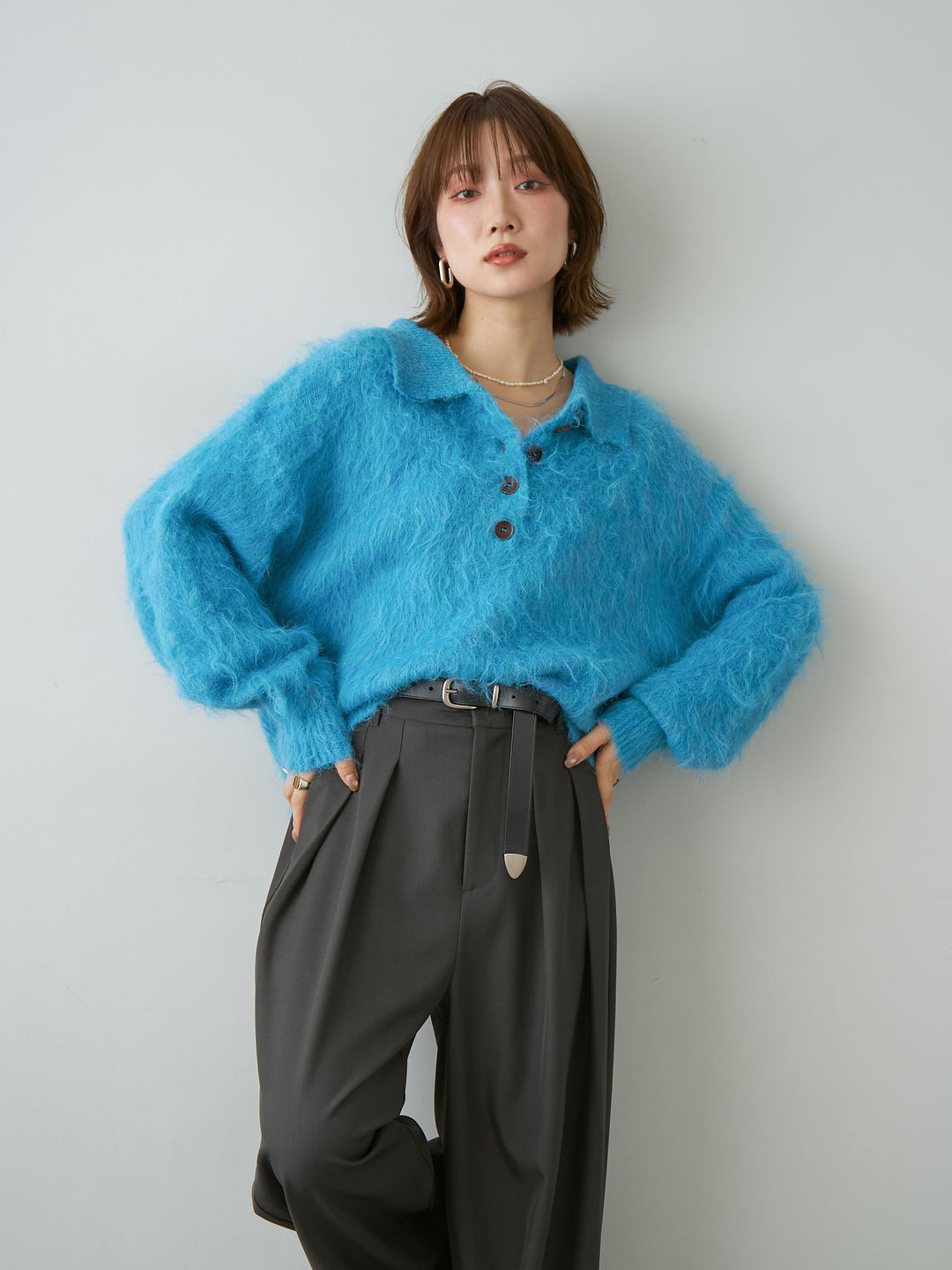 [予約]ヘンリーシャギーニットトップス/blue