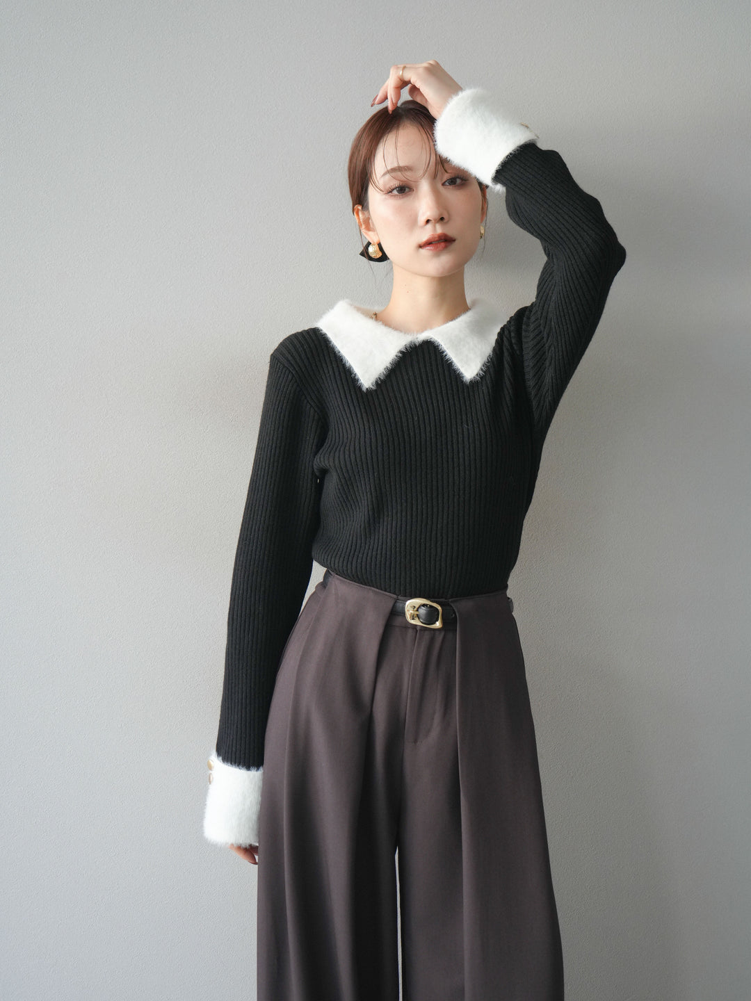 [SET]シャギー襟リブニットトップス+ベルトループデザインワイドパンツ(2set)