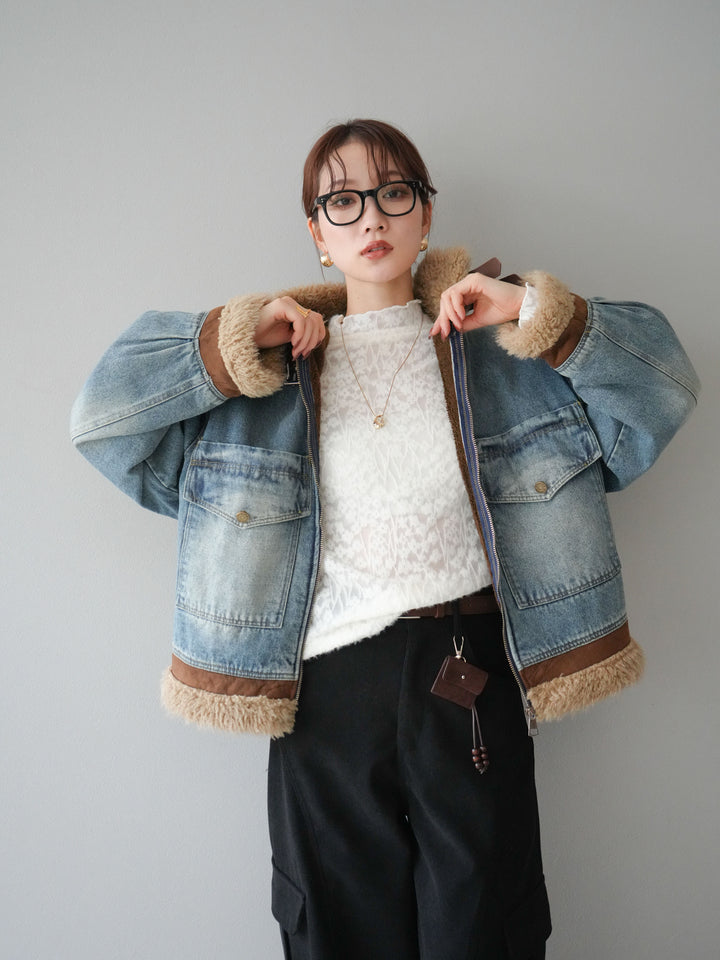 [予約]スタンドカラーファー×デニムジャケット/lightblue