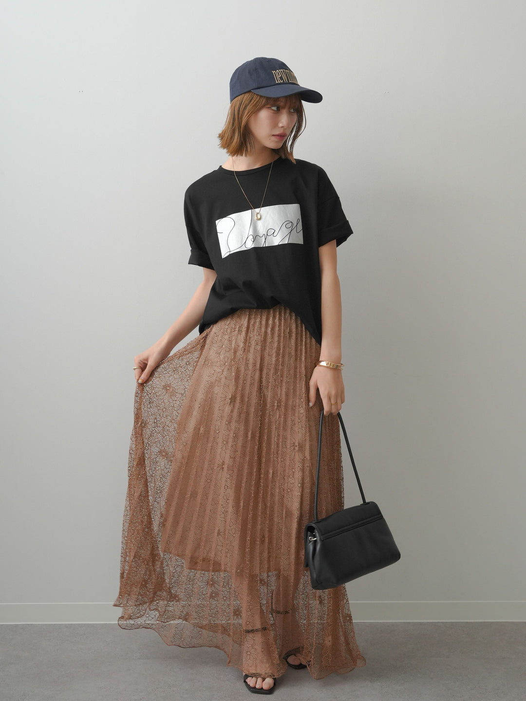 [SET]箔プリントボックスTEE+フローラルレースプリーツスカート(2set)