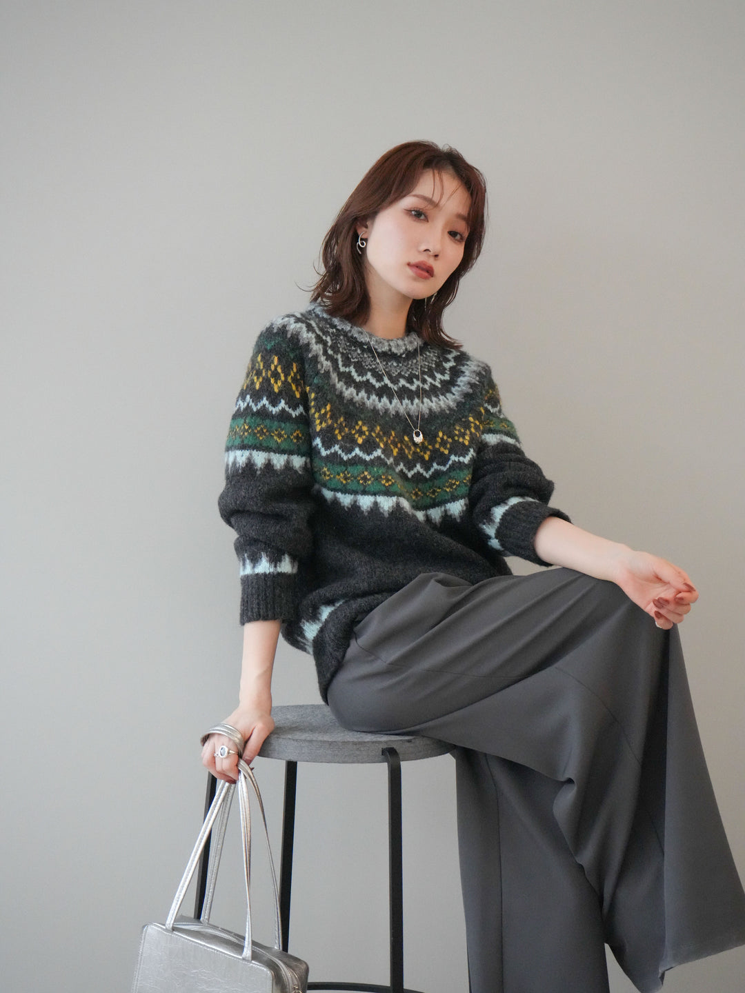 [予約]ウールタッチ求心柄オーバーニットプルオーバー/gray