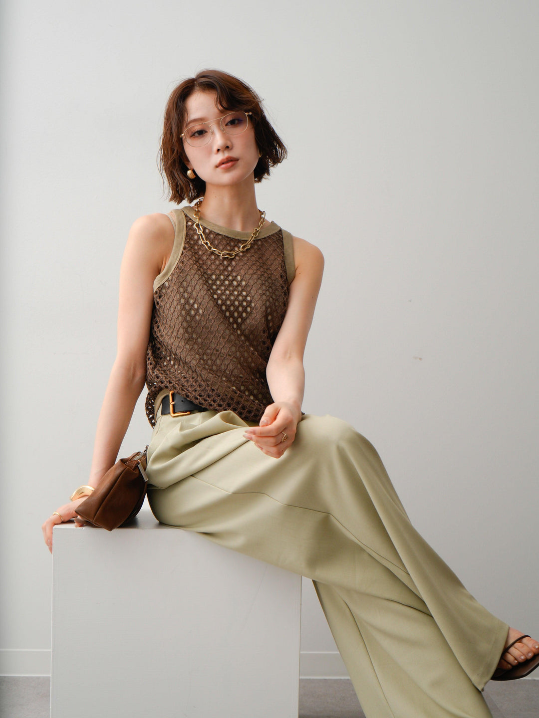 [予約]リブトリムメッシュアメスリトップス/brown