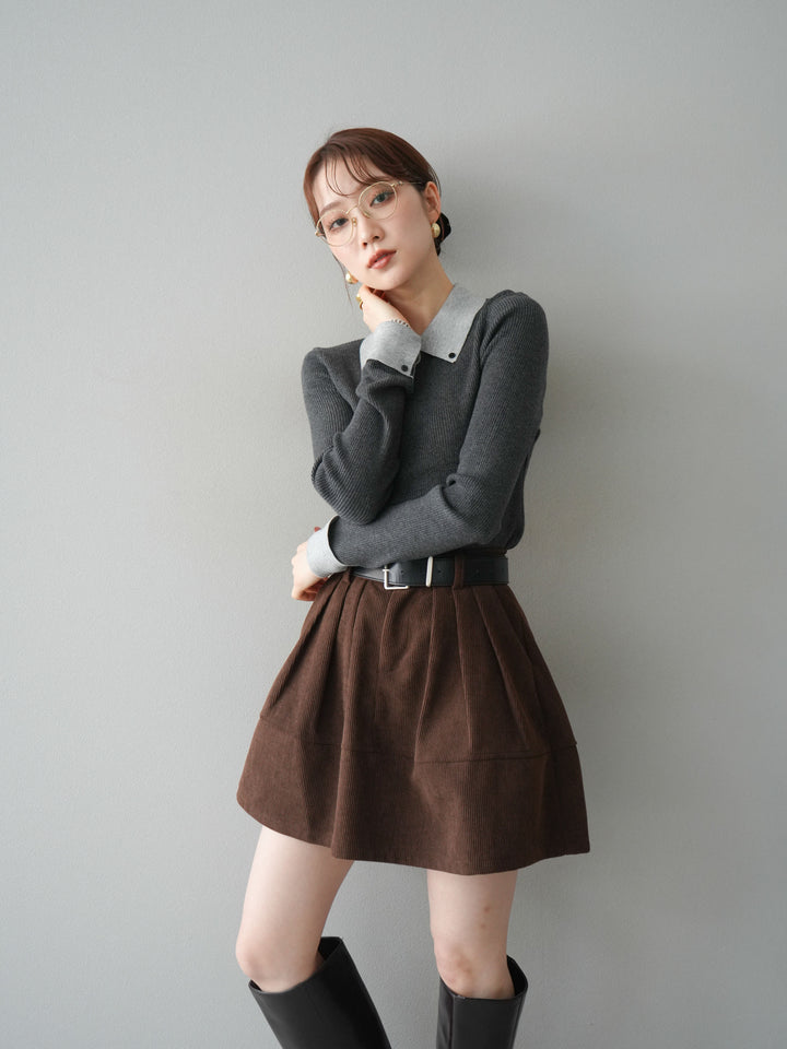 [予約]ニットカフス襟付き配色リブニットトップス/charcoal