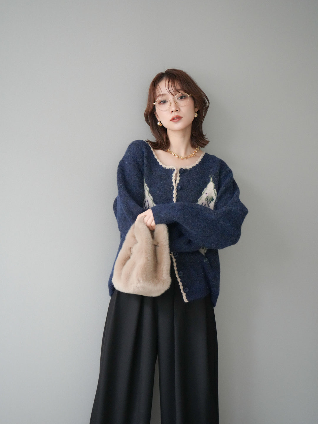 [予約]アンティークフラワージャガードニットカーディガン/navy