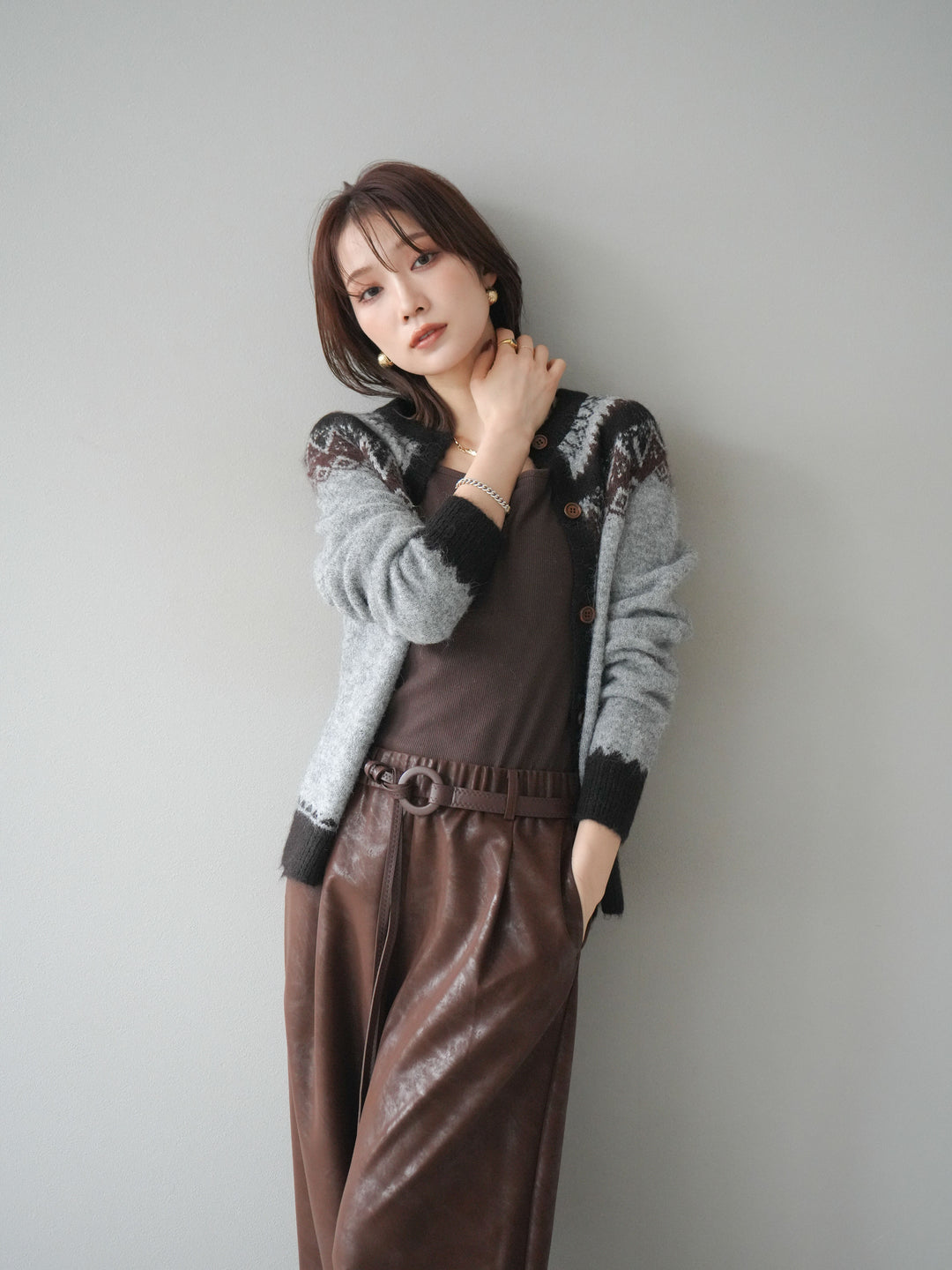 [予約]ノルディック柄ニットカーディガン/gray