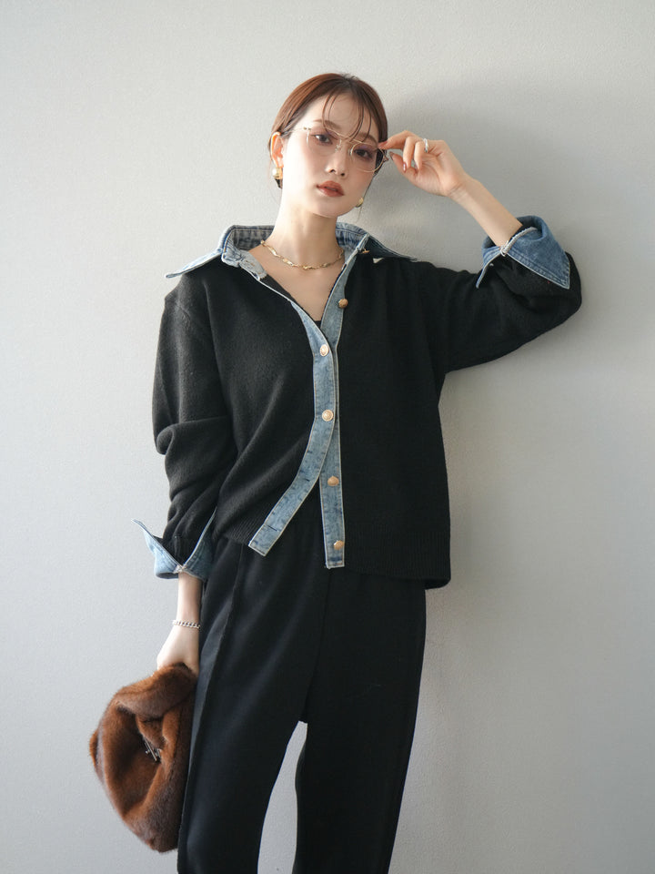 [予約]デニム襟ボタンニットカーディガン/black