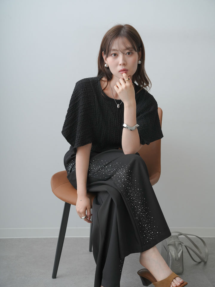 [SET]フクレジャガードケープスリーブトップス+ポーチベルト付サイドビジュータックワイドパンツ(2set)