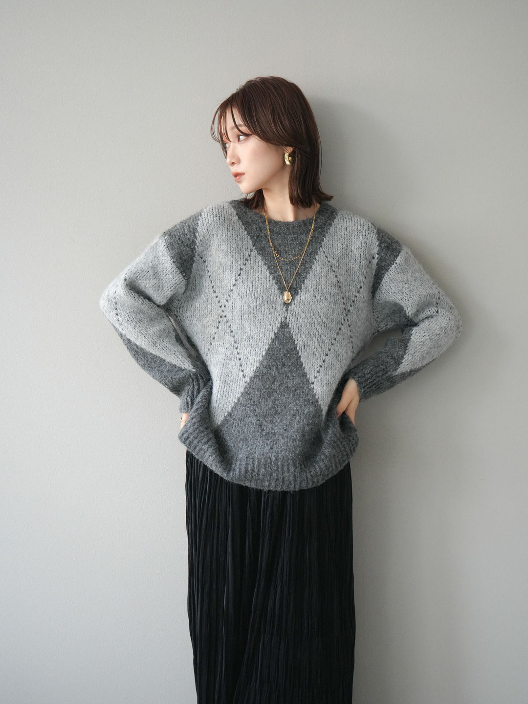[予約]アーガイルオーバーニットプルオーバー/gray