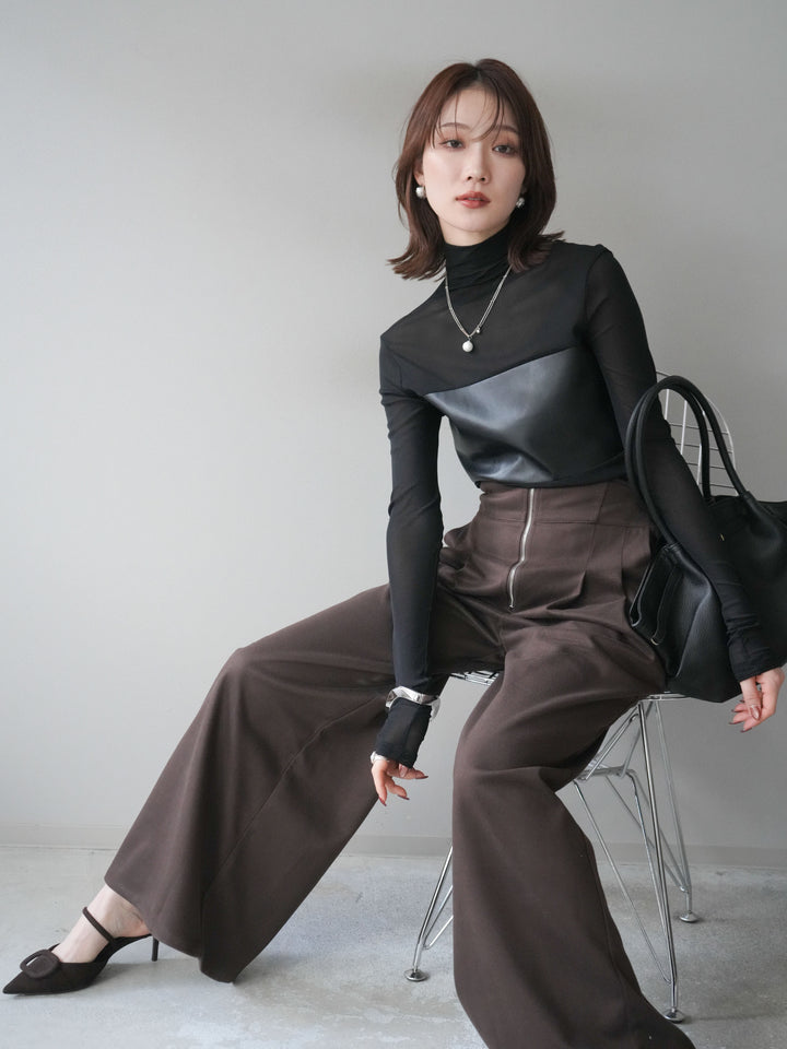 [予約]レザー切替プチネックシアートップス/black