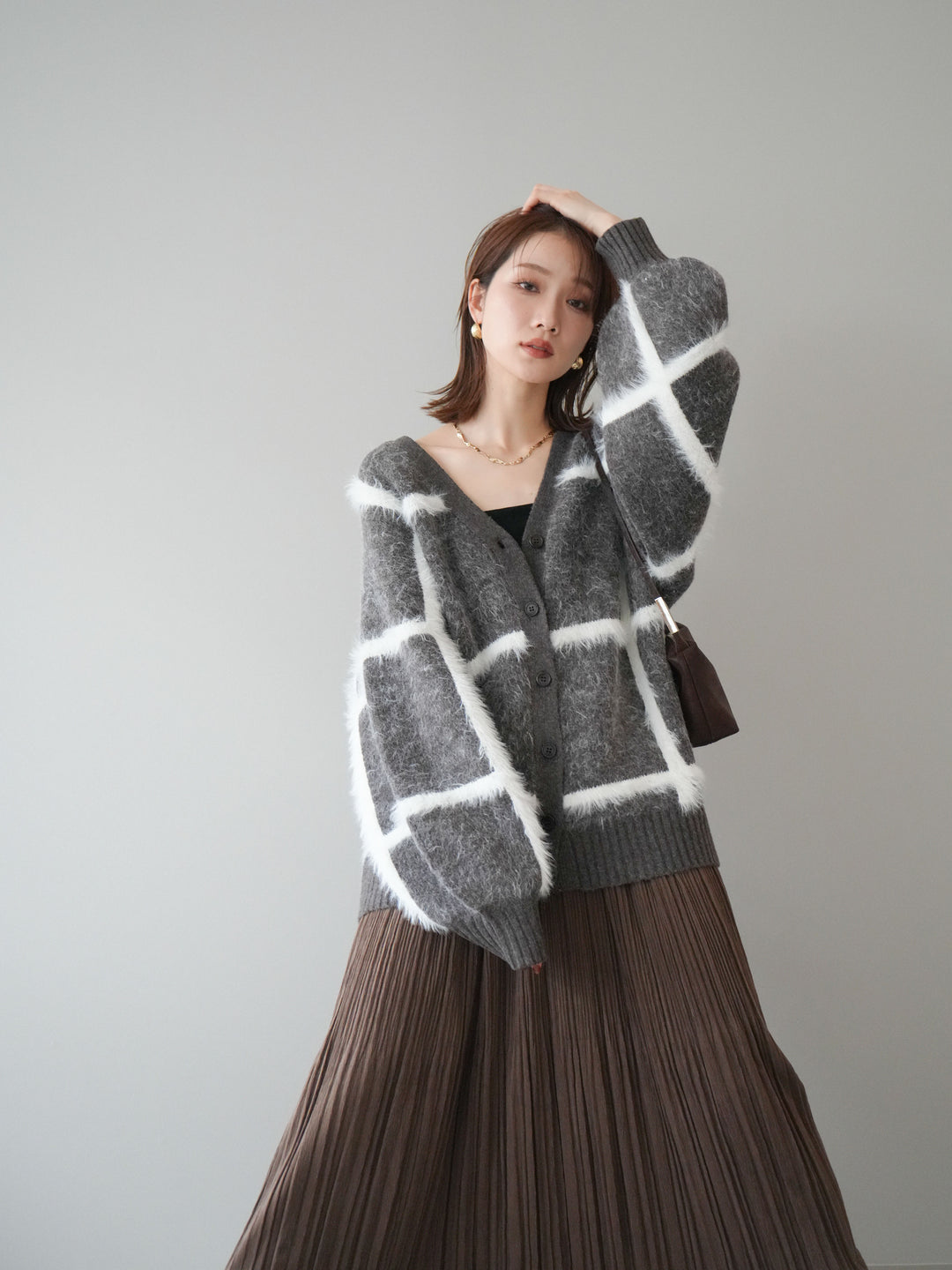 [予約]ミックスシャギーチェックカーディガン/brown